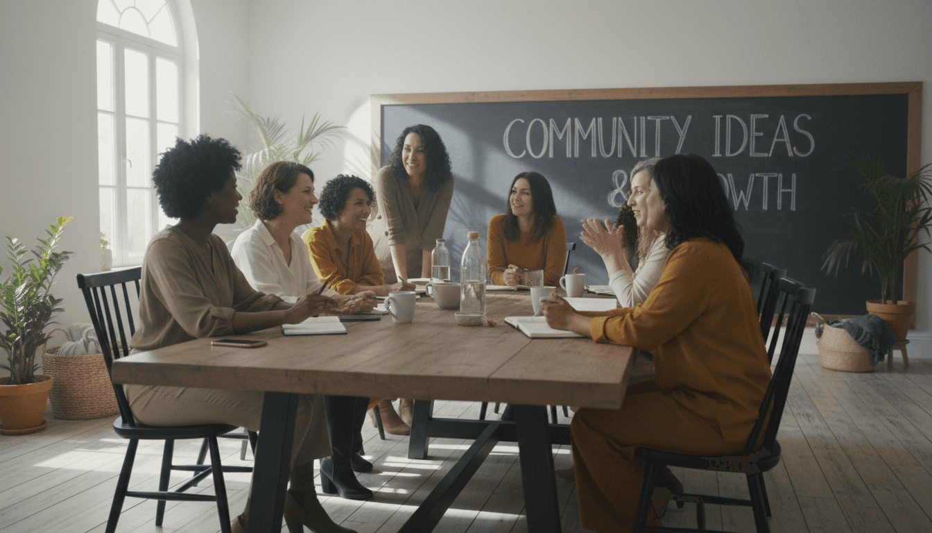 Women gathered around a table in discussion at a community meeting
