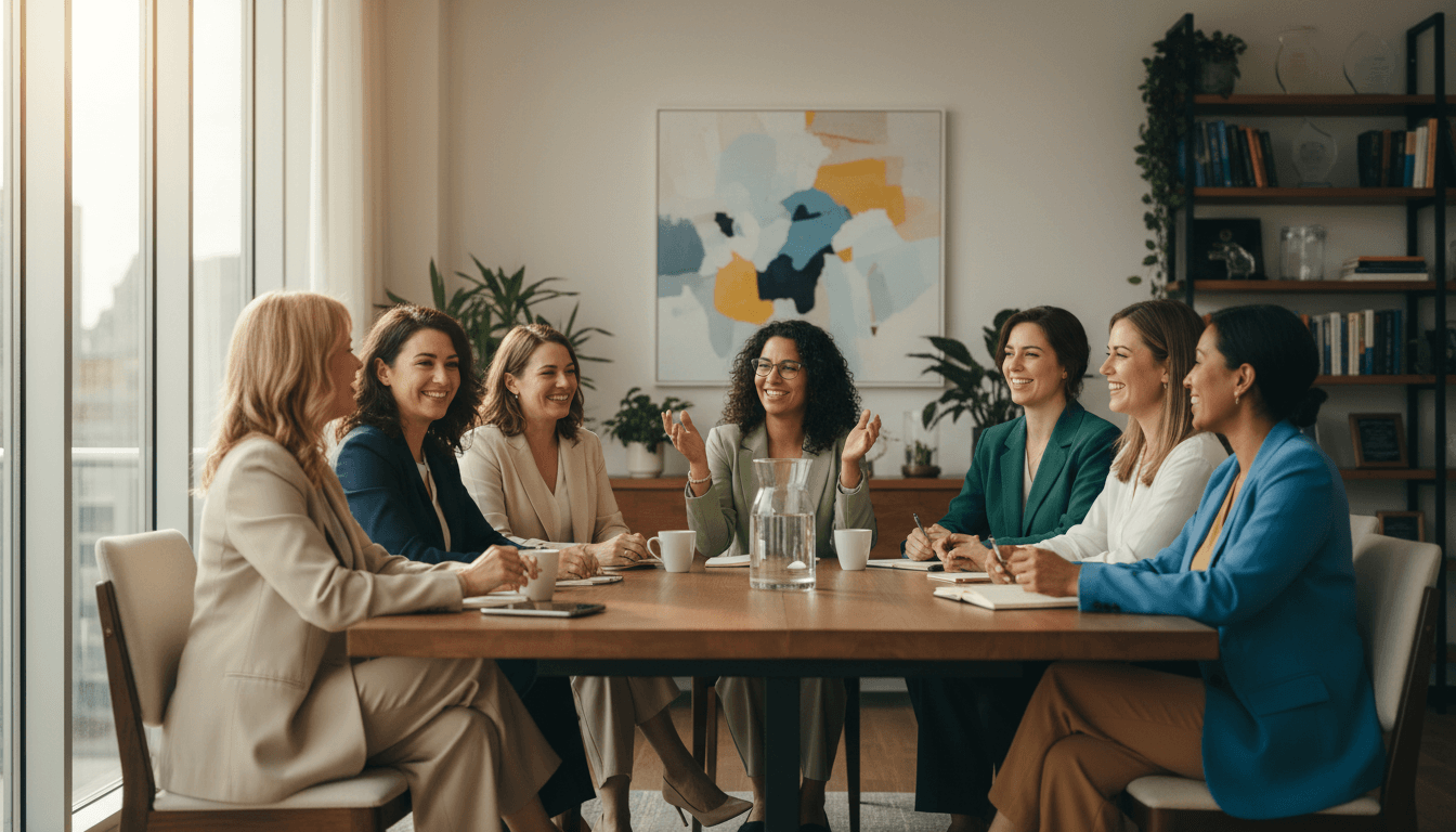 Diverse group of women collaborating and smiling in a bright meeting room