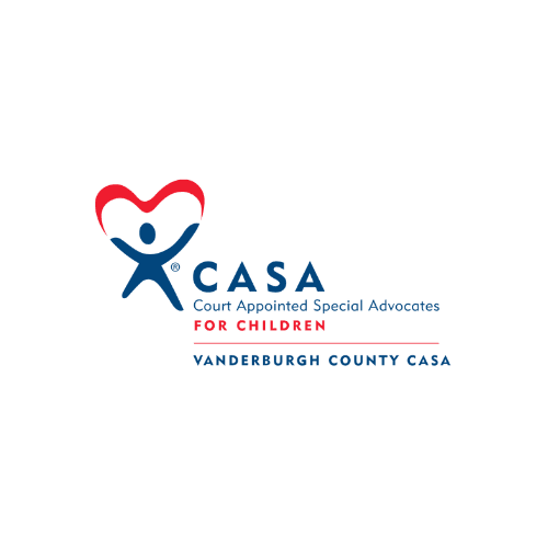 Vanderburgh County CASA logo with a blue figure under a protective red heart shape.