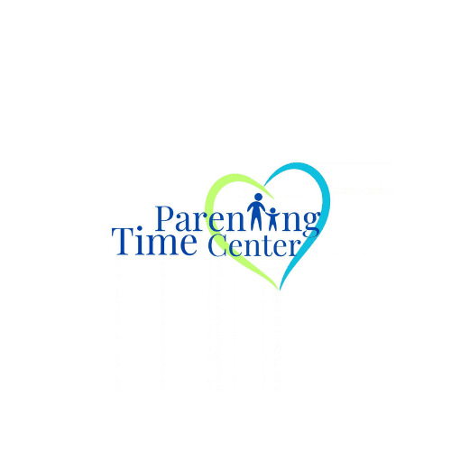 Parenting Time Center logo featuring a green and blue heart with adult and child figures.