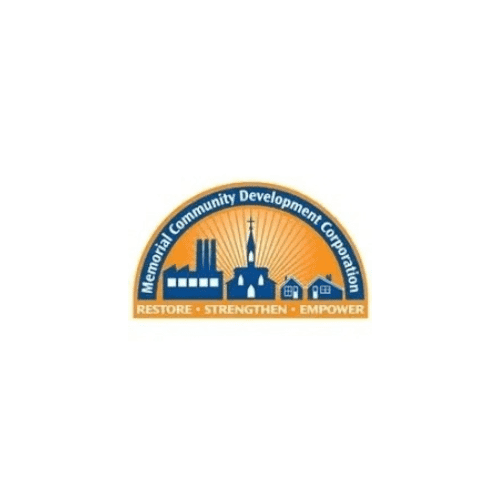 Memorial Community Development Corporation logo with factory, church, and house silhouettes against an orange sunburst.