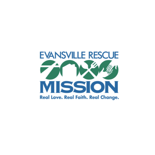 Evansville Rescue Mission logo featuring green icons for shelter, food, and support with blue text.